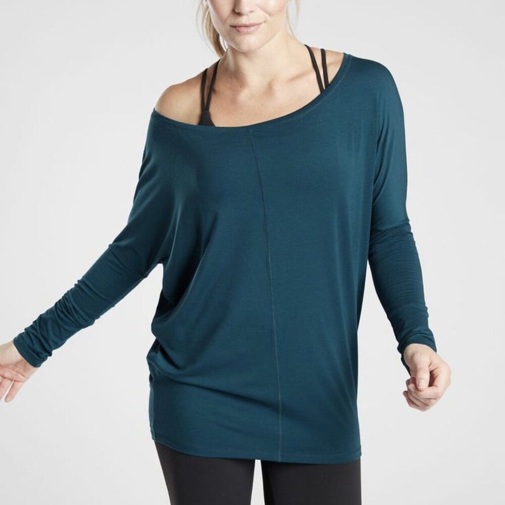 Athleta XXS Dark Teal Essence Flow Top Relaxed Athleisure Yoga Oversized Top